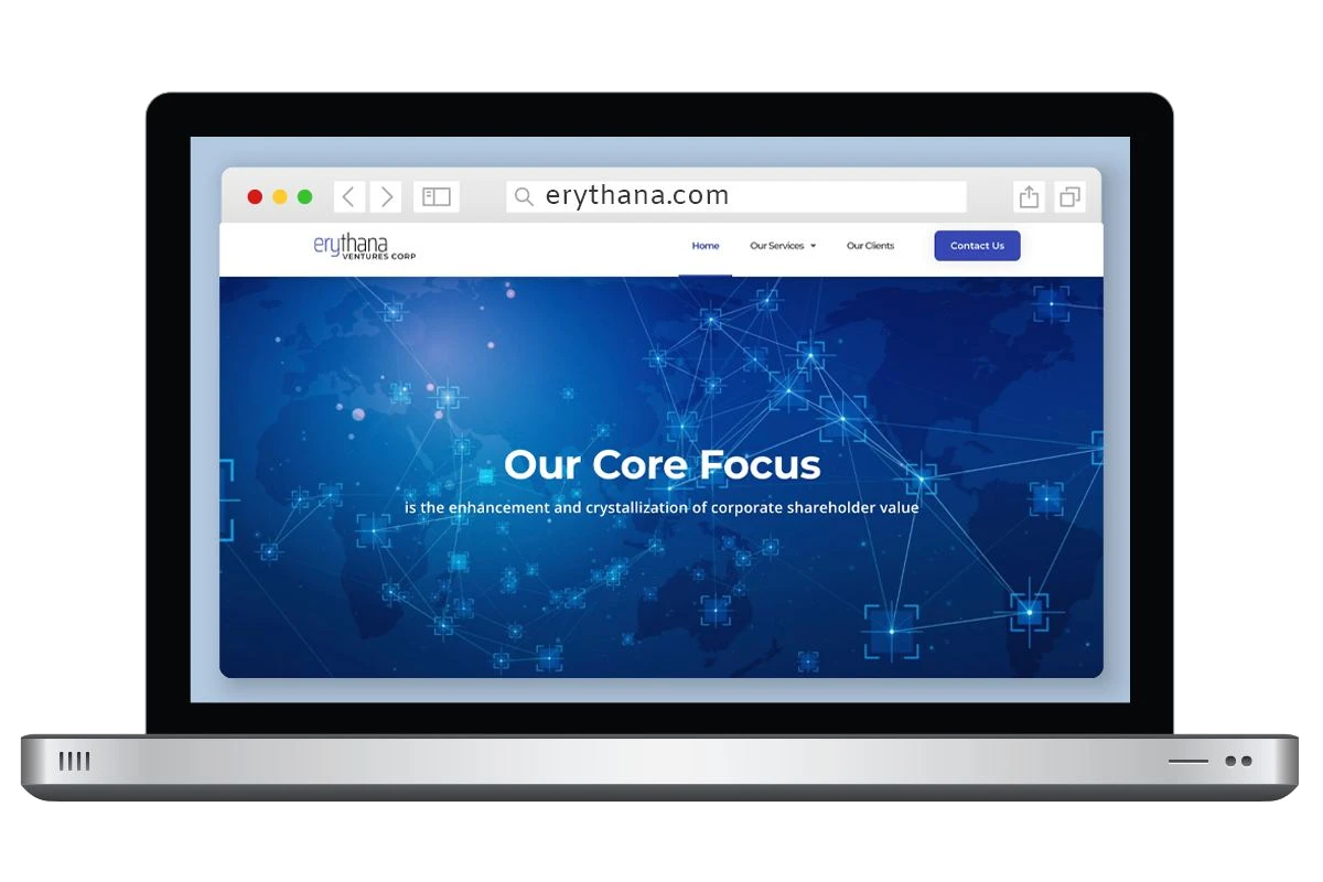 Erythana corporate website shown on a laptop