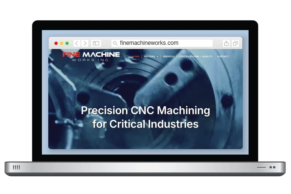 Fine Machine Works precision CNC machining website shown on a laptop