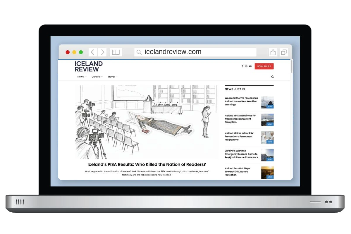 Iceland Review news, culture and travel magazine website shown on a laptop