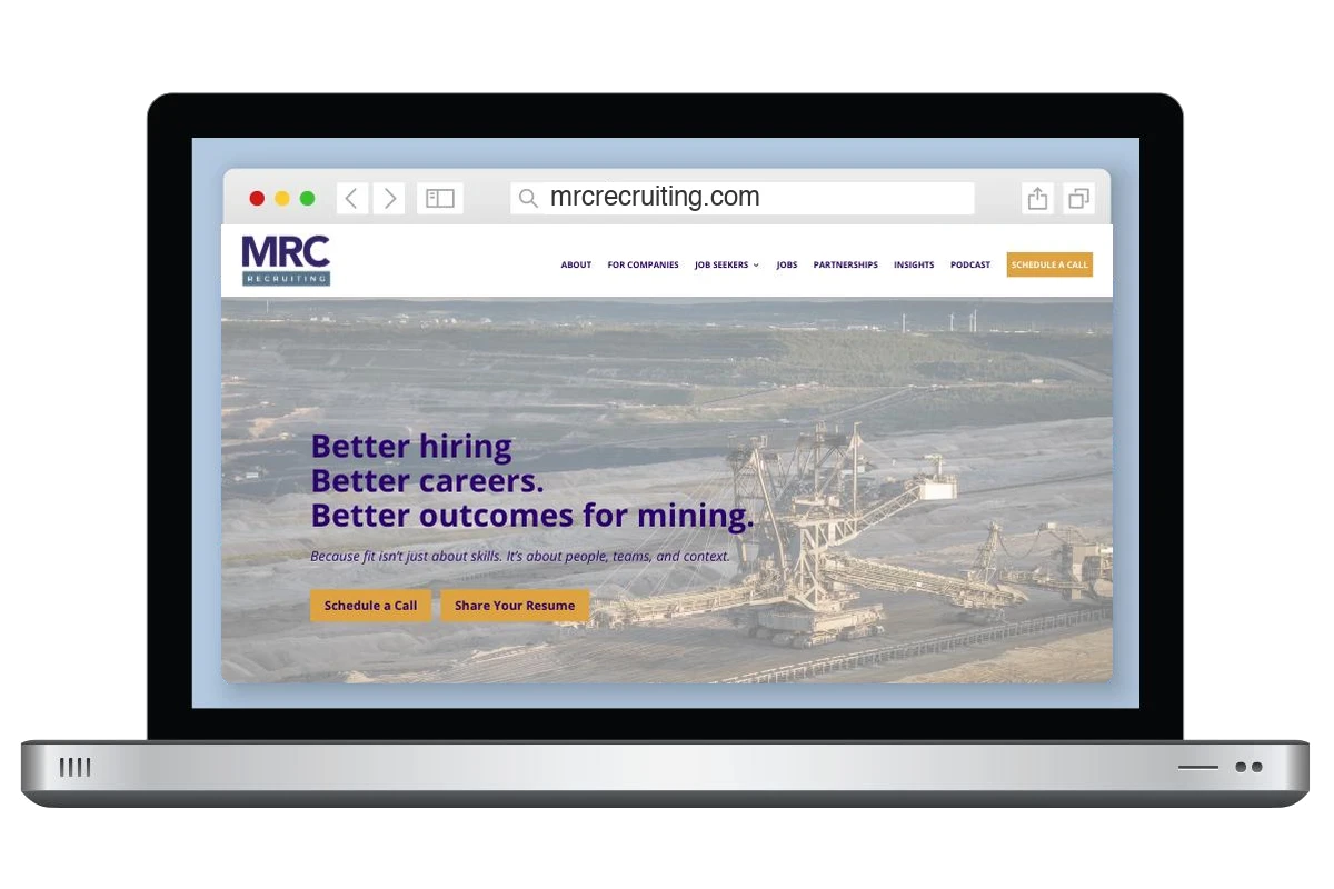 MRC Recruiting job board website shown on a laptop