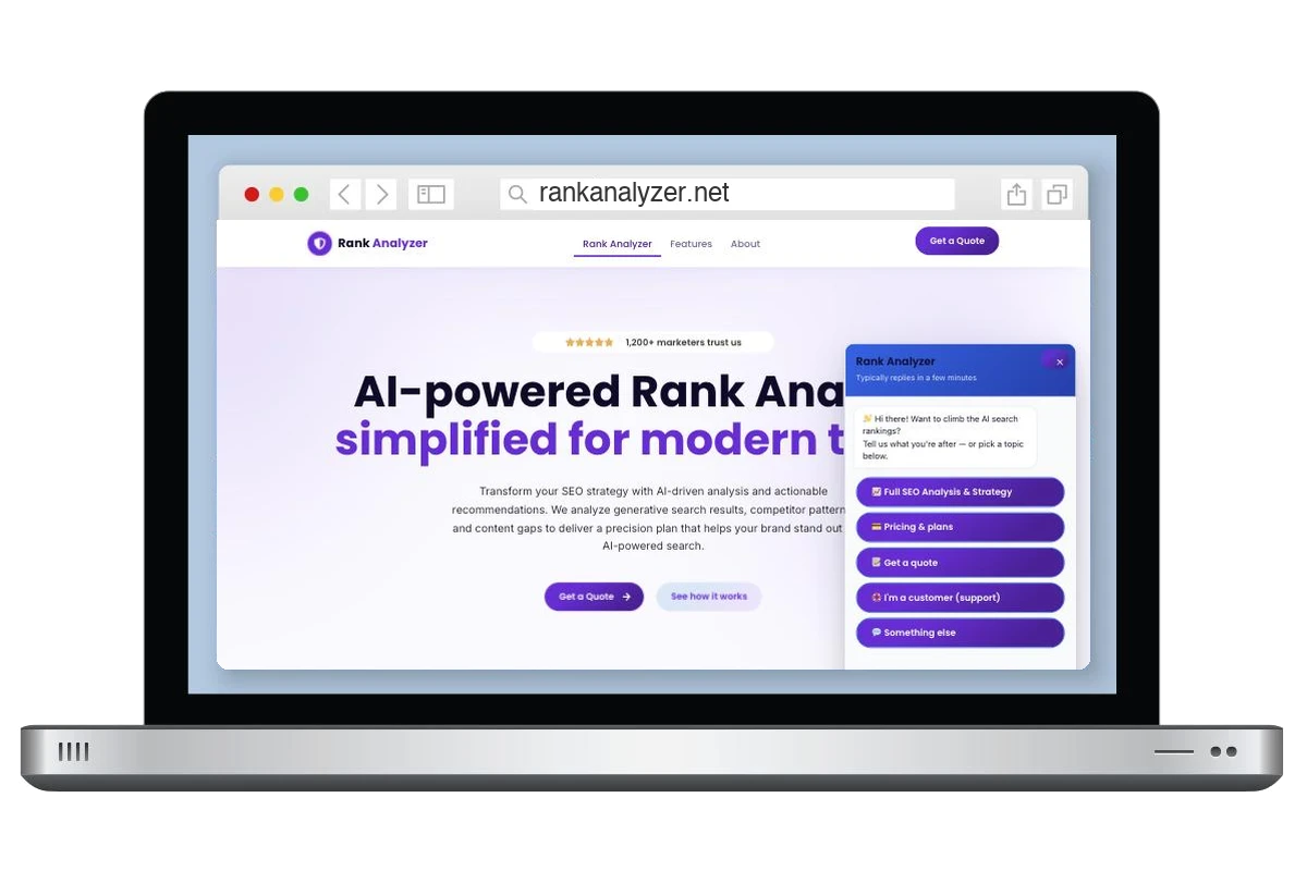 Rank Analyzer AI SEO platform with its chat assistant, shown on a laptop