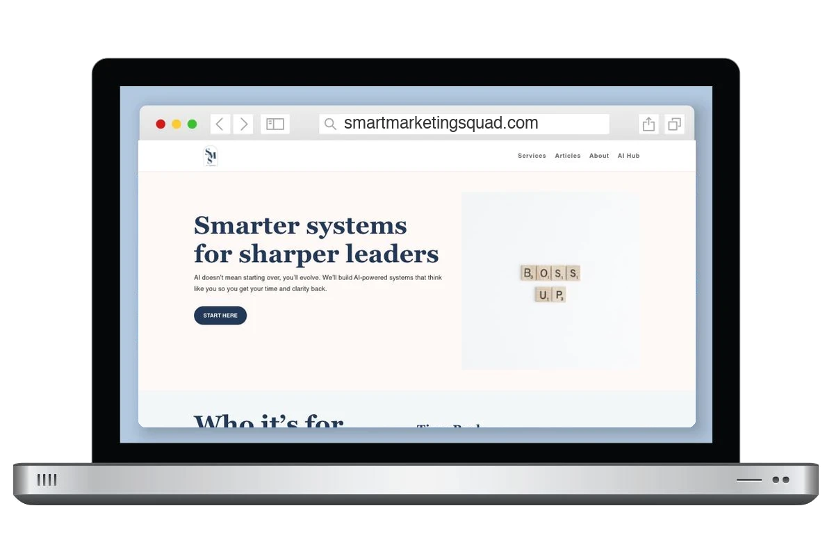 Smart Marketing Squad AI consulting website shown on a laptop